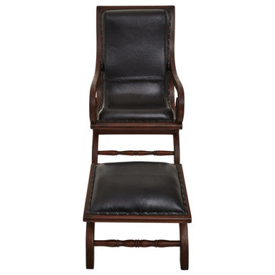 Genuine Black Leather and Teak Lounge Chair with Footstool | Inca