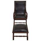 Genuine Black Leather and Teak Lounge Chair with Footstool | Inca