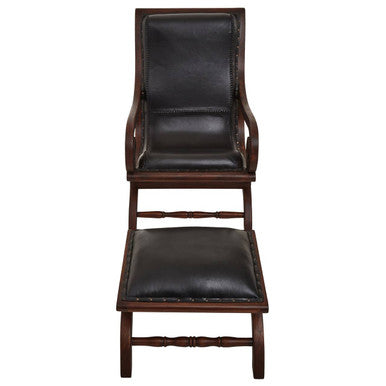 Genuine Black Leather and Teak Lounge Chair with Footstool | Inca