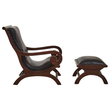 Genuine Black Leather and Teak Lounge Chair with Footstool | Inca