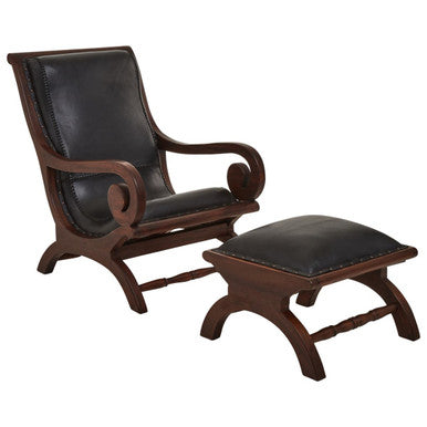 Genuine Black Leather and Teak Lounge Chair with Footstool | Inca