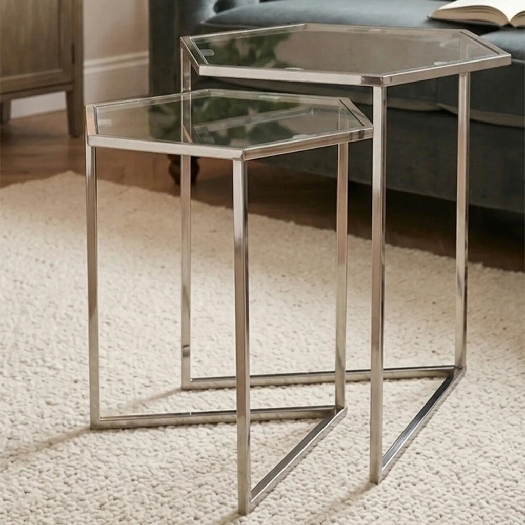 Silver Geometric Steel Side Table with Mirrored Glass Top | Herber