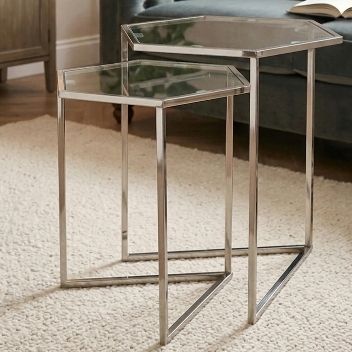 Silver Geometric Steel Side Table with Mirrored Glass Top | Herber