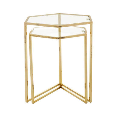Gold Geometric Stainless Steel Set of 2 Side Table with Mirrored Glass Top | Herber