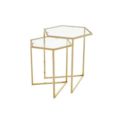 Gold Geometric Stainless Steel Set of 2 Side Table with Mirrored Glass Top | Herber