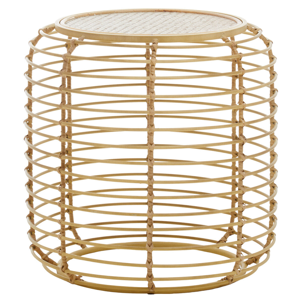Natural Round Hand Woven Rattan Top Side Table with Gold Finish Cage Base | Trento