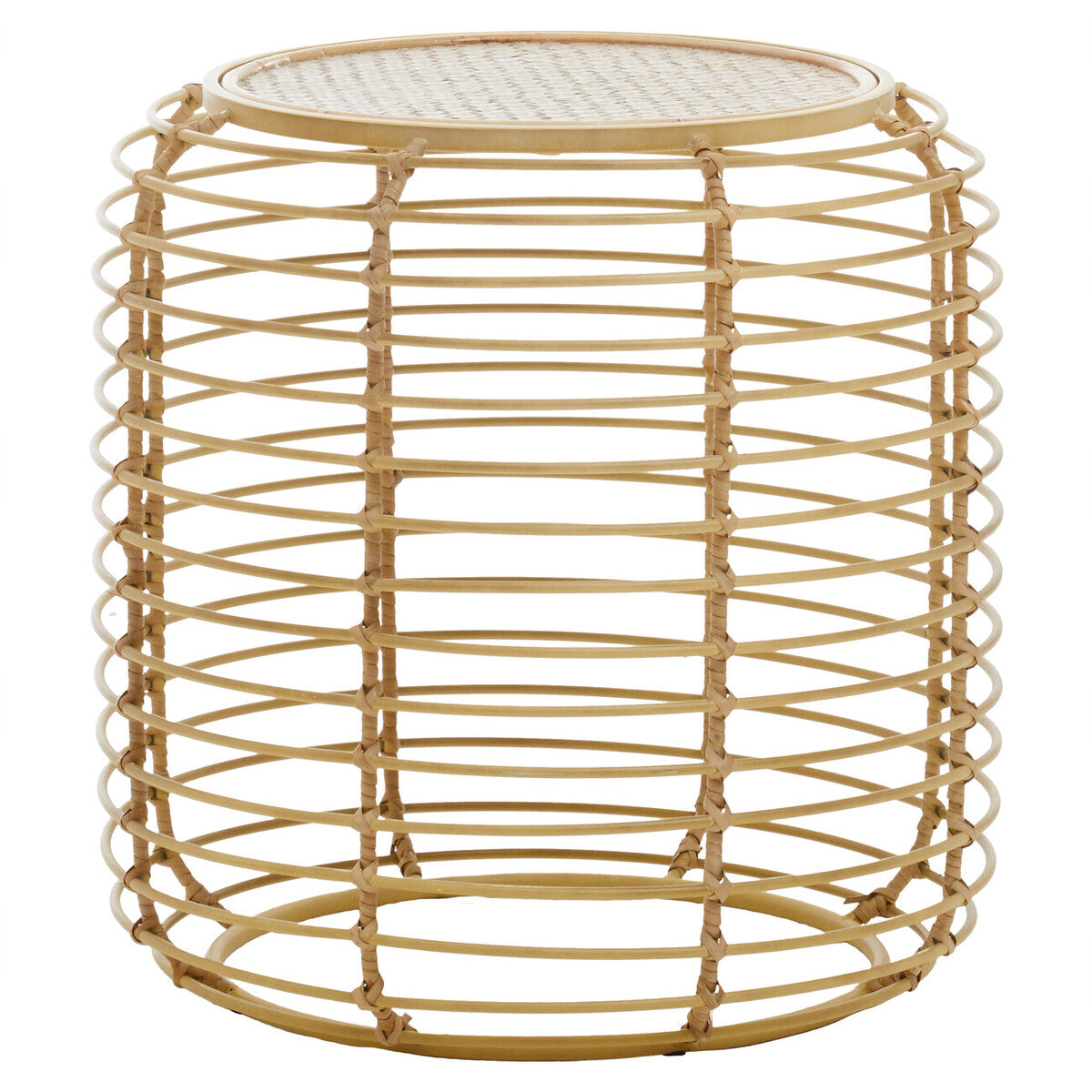 Natural Round Hand Woven Rattan Top Side Table with Gold Finish Cage Base | Trento