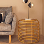 Natural Round Hand Woven Rattan Top Side Table with Gold Finish Cage Base | Trento