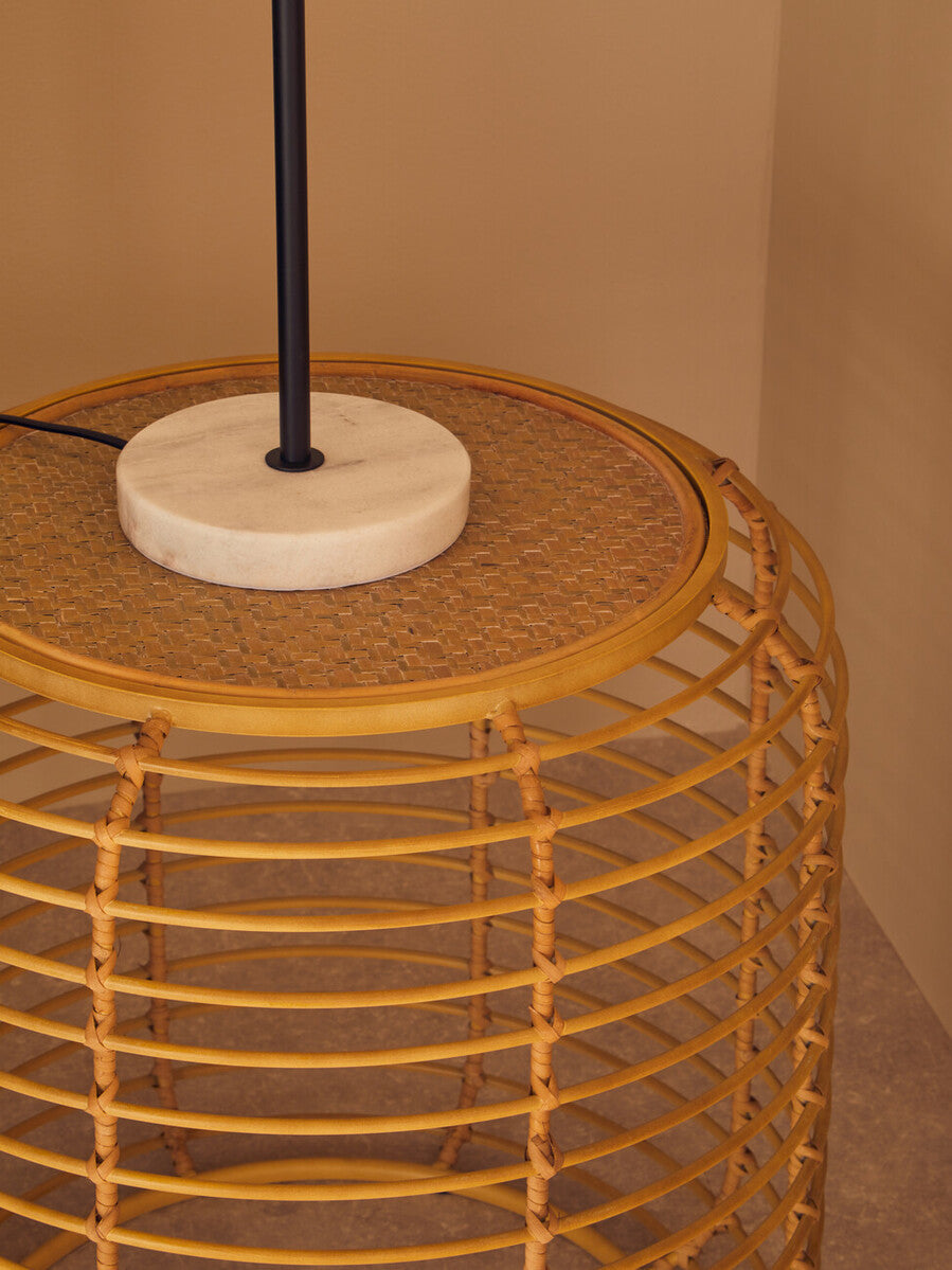 Natural Round Hand Woven Rattan Top Side Table with Gold Finish Cage Base | Trento
