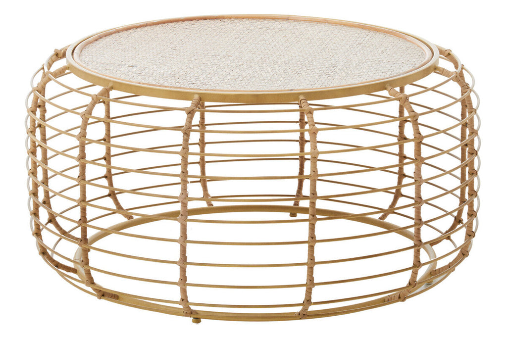 Natural Round Hand Woven Rattan Top Coffee Table with Gold Finish Cage Base | Trento