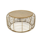 Natural Round Hand Woven Rattan Top Coffee Table with Gold Finish Cage Base | Trento