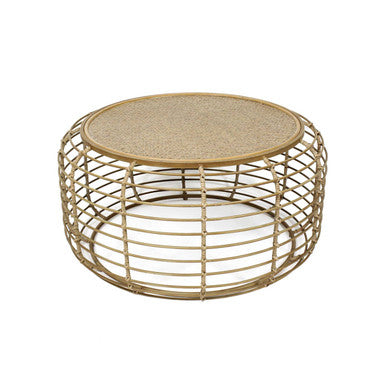 Natural Round Hand Woven Rattan Top Coffee Table with Gold Finish Cage Base | Trento
