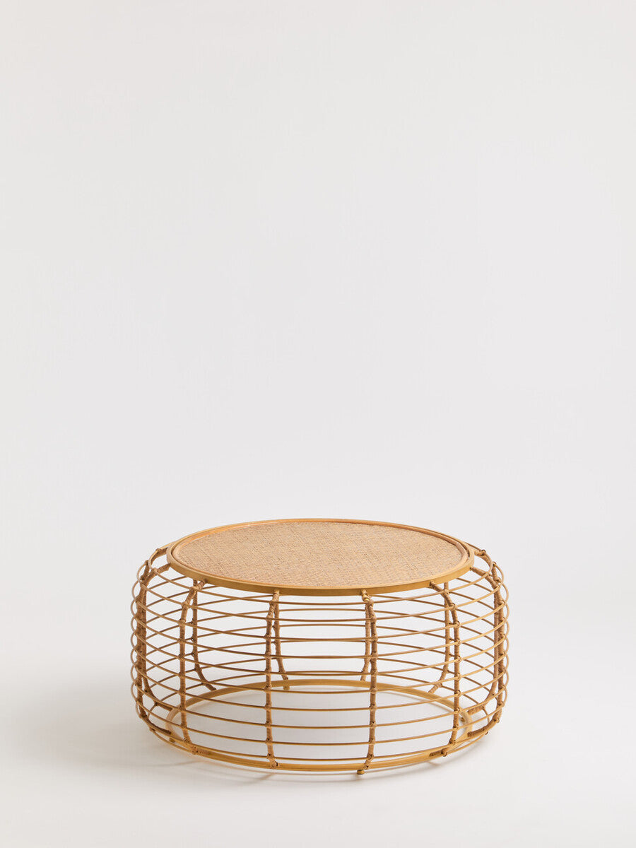 Natural Round Hand Woven Rattan Top Coffee Table with Gold Finish Cage Base | Trento
