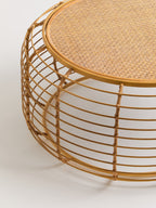 Natural Round Hand Woven Rattan Top Coffee Table with Gold Finish Cage Base | Trento