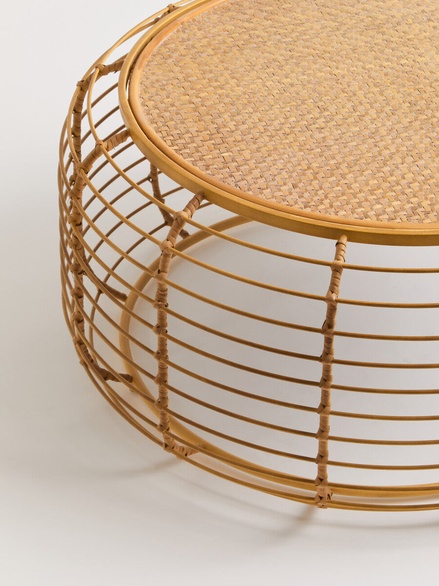 Natural Round Hand Woven Rattan Top Coffee Table with Gold Finish Cage Base | Trento