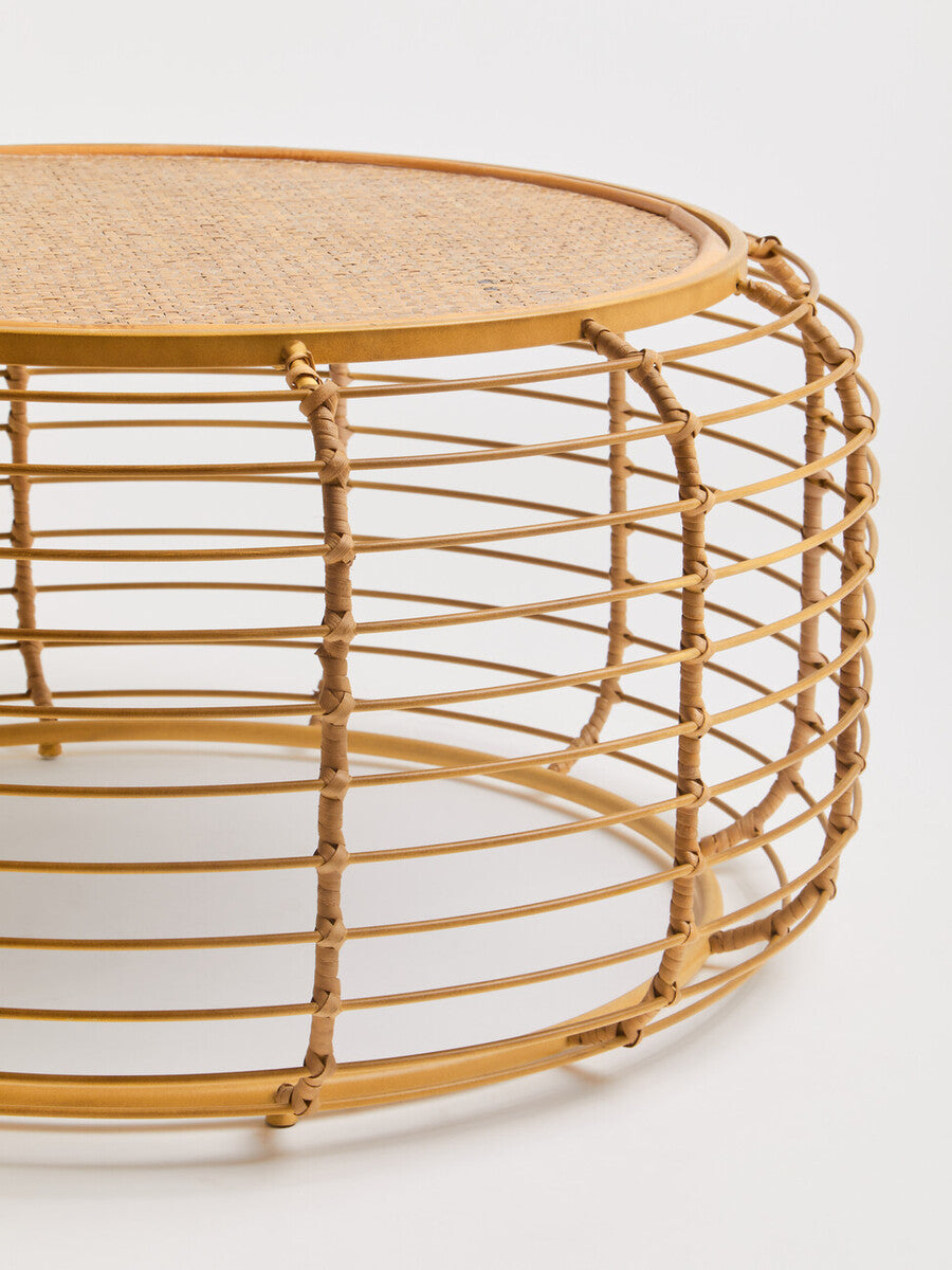 Natural Round Hand Woven Rattan Top Coffee Table with Gold Finish Cage Base | Trento