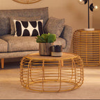 Natural Round Hand Woven Rattan Top Coffee Table with Gold Finish Cage Base | Trento