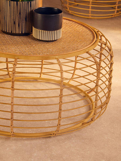Natural Round Hand Woven Rattan Top Coffee Table with Gold Finish Cage Base | Trento