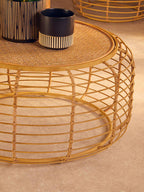 Natural Round Hand Woven Rattan Top Coffee Table with Gold Finish Cage Base | Trento