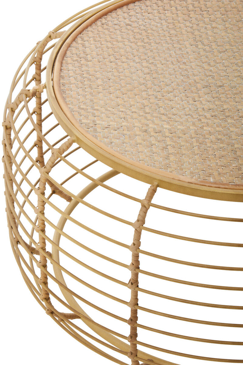 Natural Round Hand Woven Rattan Top Coffee Table with Gold Finish Cage Base | Trento