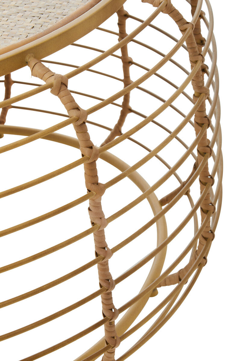 Natural Round Hand Woven Rattan Top Coffee Table with Gold Finish Cage Base | Trento