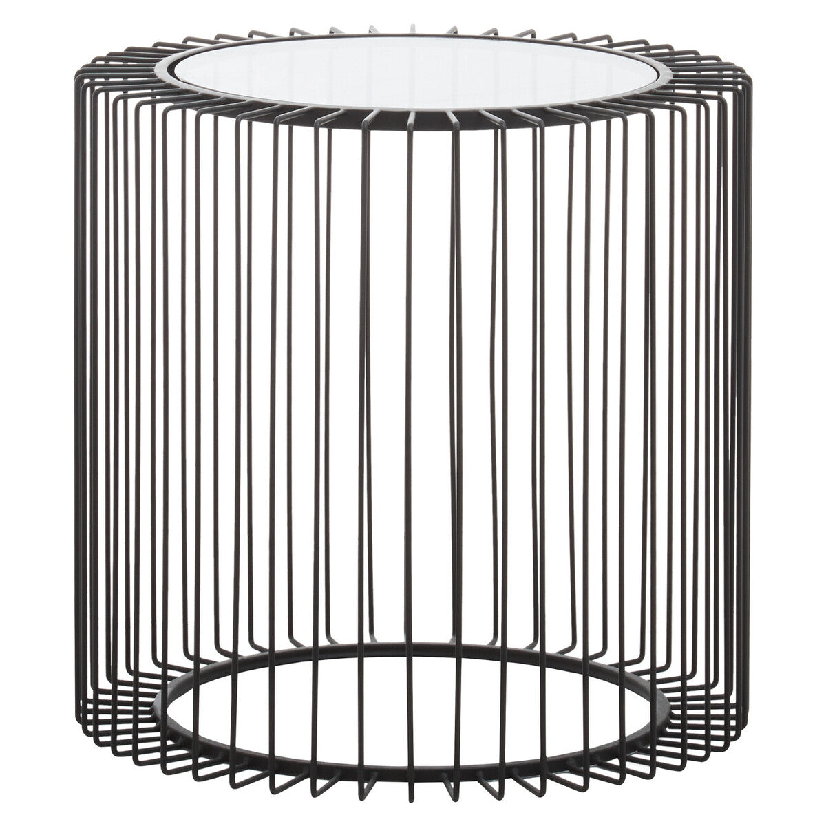 Tempered Glass Top Round Side Table with Black Wireframe Cage Design Base | Trento