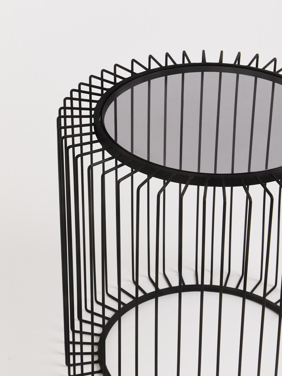 Tempered Glass Top Round Side Table with Black Wireframe Cage Design Base | Trento