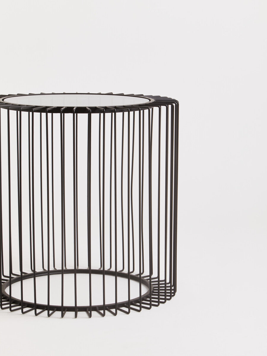Tempered Glass Top Round Side Table with Black Wireframe Cage Design Base | Trento