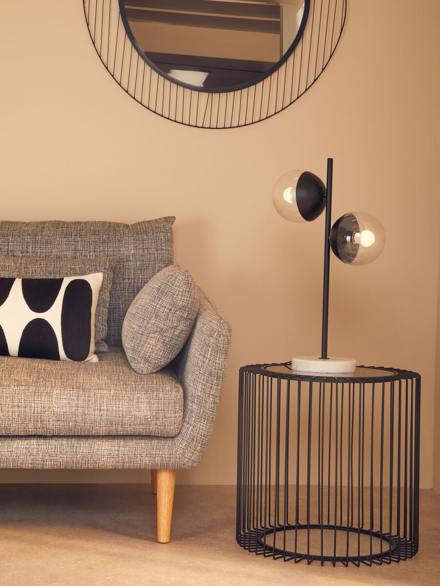 Tempered Glass Top Round Side Table with Black Wireframe Cage Design Base | Trento