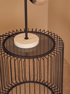 Tempered Glass Top Round Side Table with Black Wireframe Cage Design Base | Trento