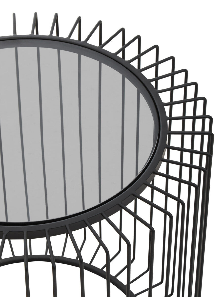 Tempered Glass Top Round Side Table with Black Wireframe Cage Design Base | Trento