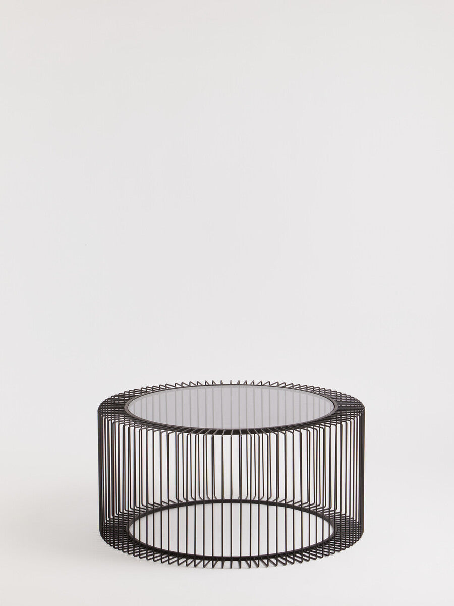 Tempered Glass Top Round Coffee Table with Black Wireframe Cage Design Base | Trento