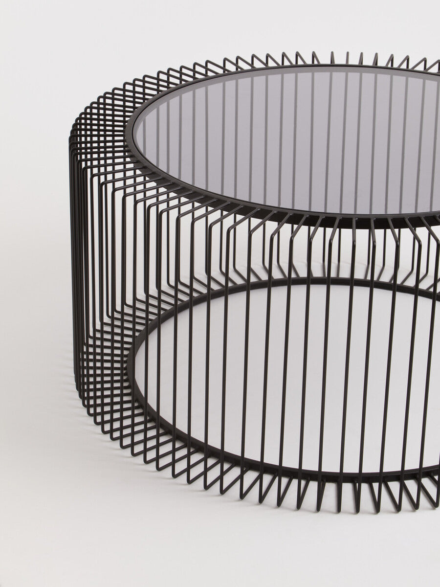 Tempered Glass Top Round Coffee Table with Black Wireframe Cage Design Base | Trento