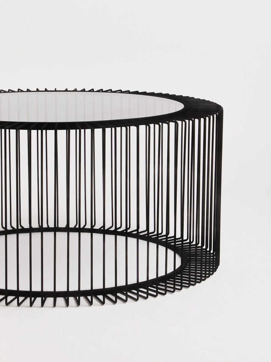 Tempered Glass Top Round Coffee Table with Black Wireframe Cage Design Base | Trento