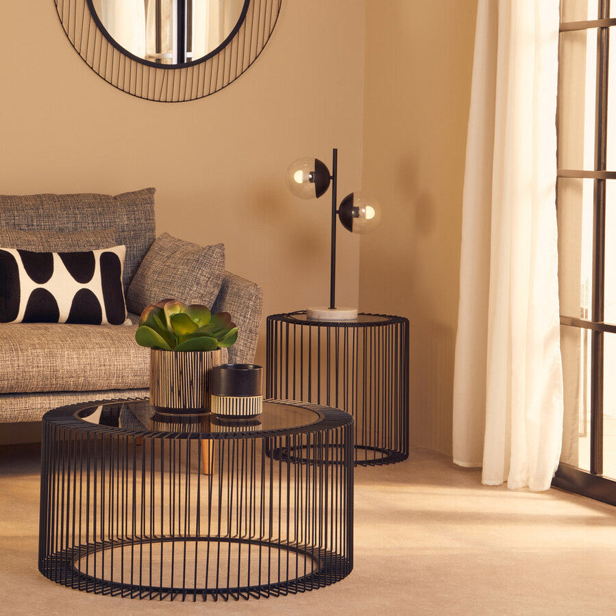 Tempered Glass Top Round Coffee Table with Black Wireframe Cage Design Base | Trento
