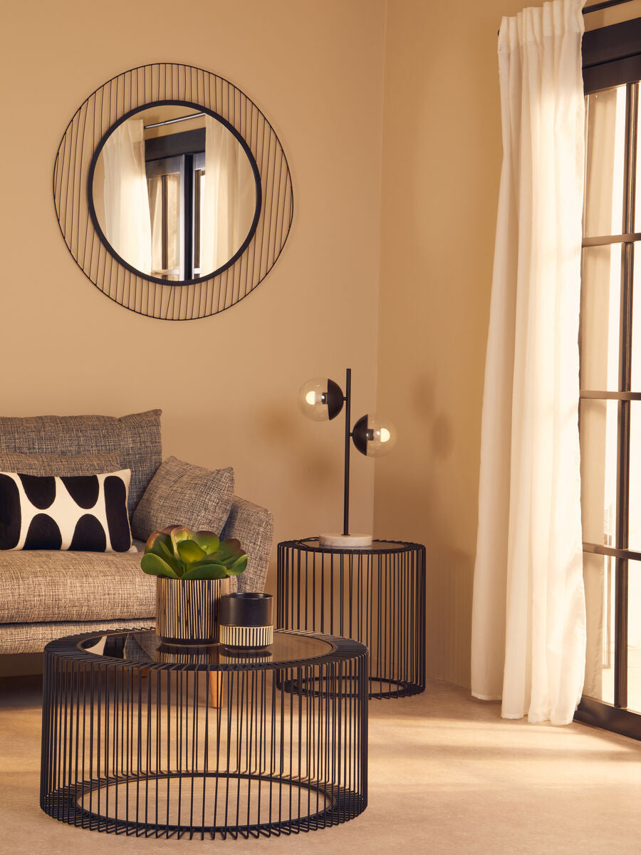 Tempered Glass Top Round Coffee Table with Black Wireframe Cage Design Base | Trento