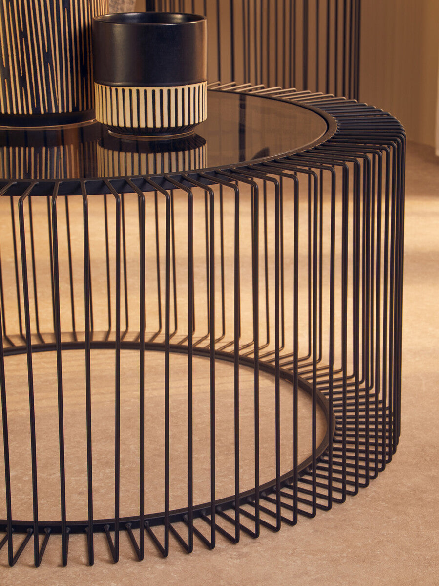 Tempered Glass Top Round Coffee Table with Black Wireframe Cage Design Base | Trento