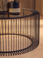 Tempered Glass Top Round Coffee Table with Black Wireframe Cage Design Base | Trento
