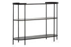 Grey Glass Top Console Table with Two-Tier Shelves and Black Metal Frame, Trento