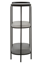 Grey Glass Top Console Table with Two-Tier Shelves and Black Metal Frame, Trento