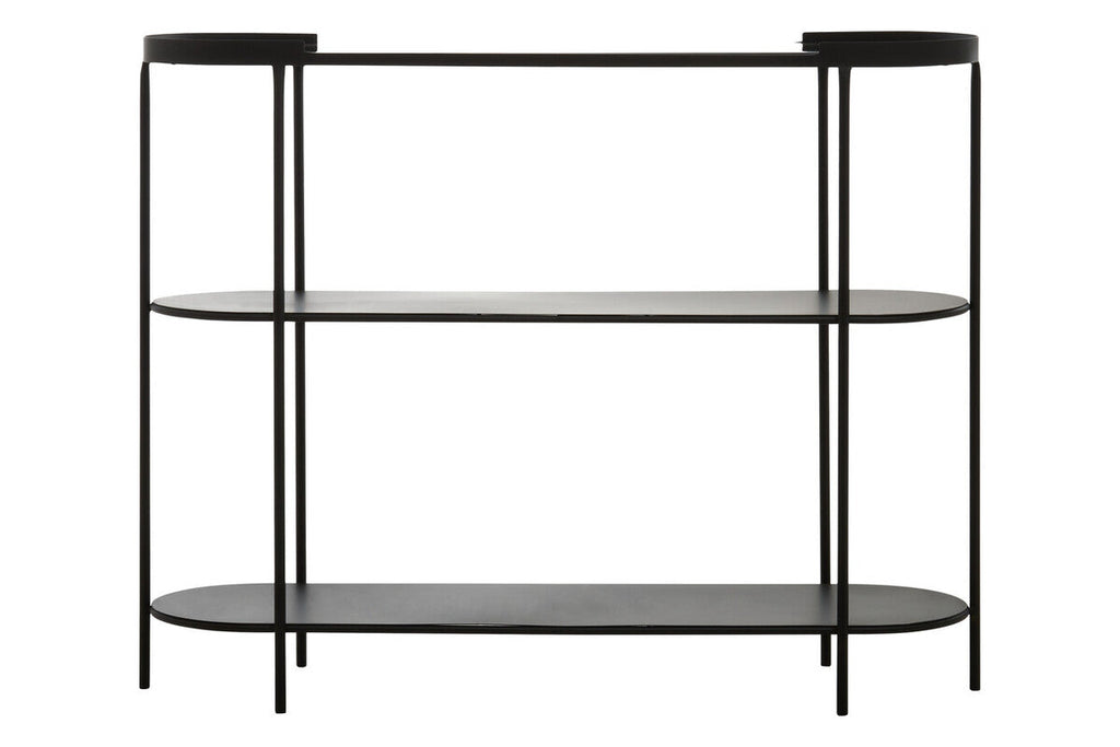 Grey Glass Top Console Table with Two-Tier Shelves and Black Metal Frame, Trento
