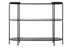 Grey Glass Top Console Table with Two-Tier Shelves and Black Metal Frame, Trento