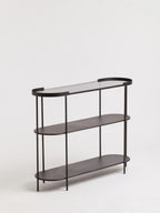 Grey Glass Top Console Table with Two-Tier Shelves and Black Metal Frame, Trento