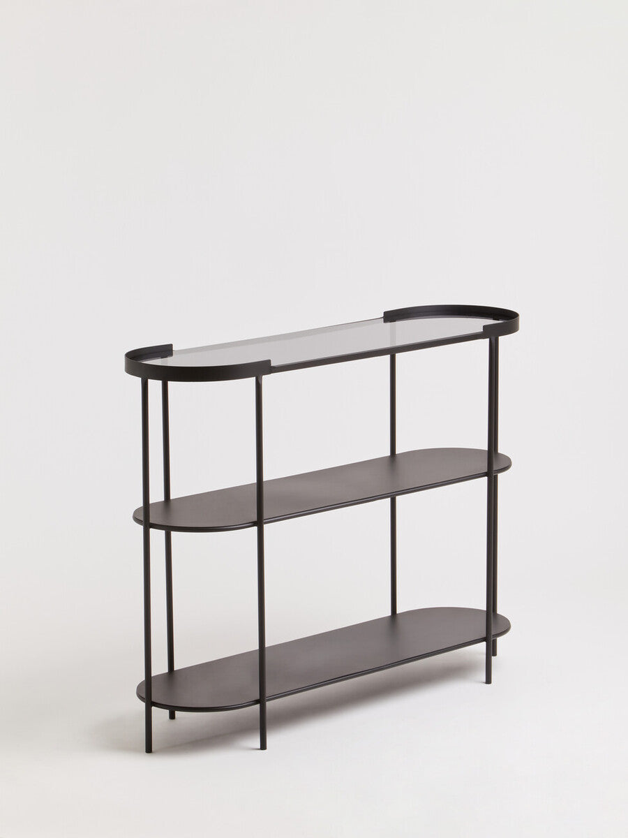 Grey Glass Top Console Table with Two-Tier Shelves and Black Metal Frame, Trento