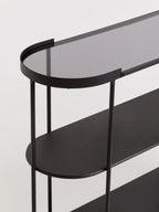 Grey Glass Top Console Table with Two-Tier Shelves and Black Metal Frame, Trento