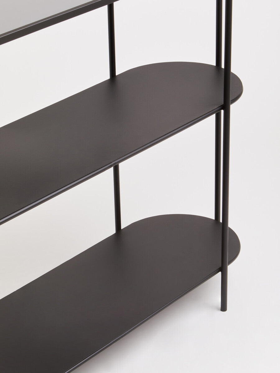 Grey Glass Top Console Table with Two-Tier Shelves and Black Metal Frame, Trento