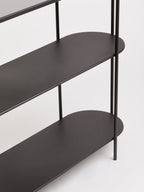 Grey Glass Top Console Table with Two-Tier Shelves and Black Metal Frame, Trento