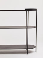 Grey Glass Top Console Table with Two-Tier Shelves and Black Metal Frame, Trento