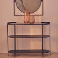 Grey Glass Top Console Table with Two-Tier Shelves and Black Metal Frame, Trento