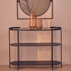 Grey Glass Top Console Table with Two-Tier Shelves and Black Metal Frame, Trento